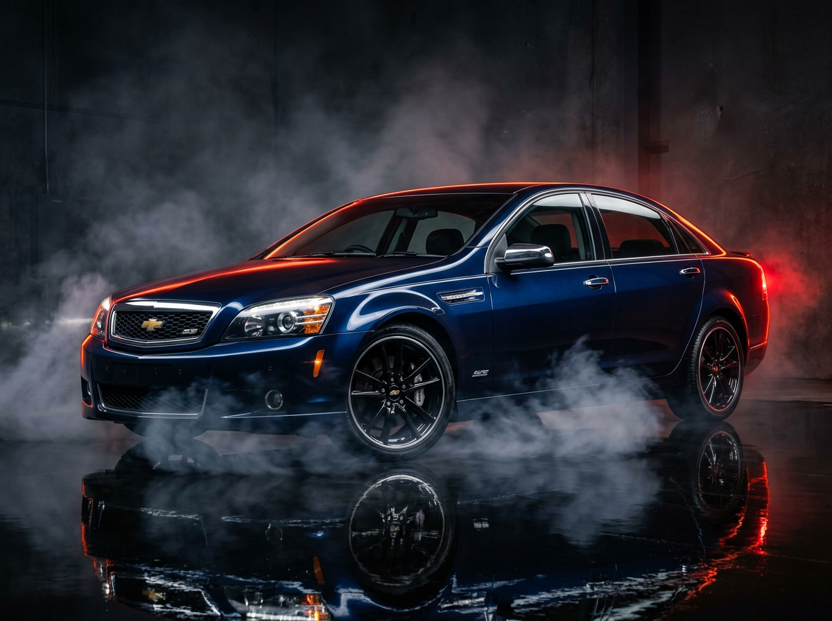 2015 Chevrolet Caprice SS in midnight blue custom paint with studio lighting and smoke effects